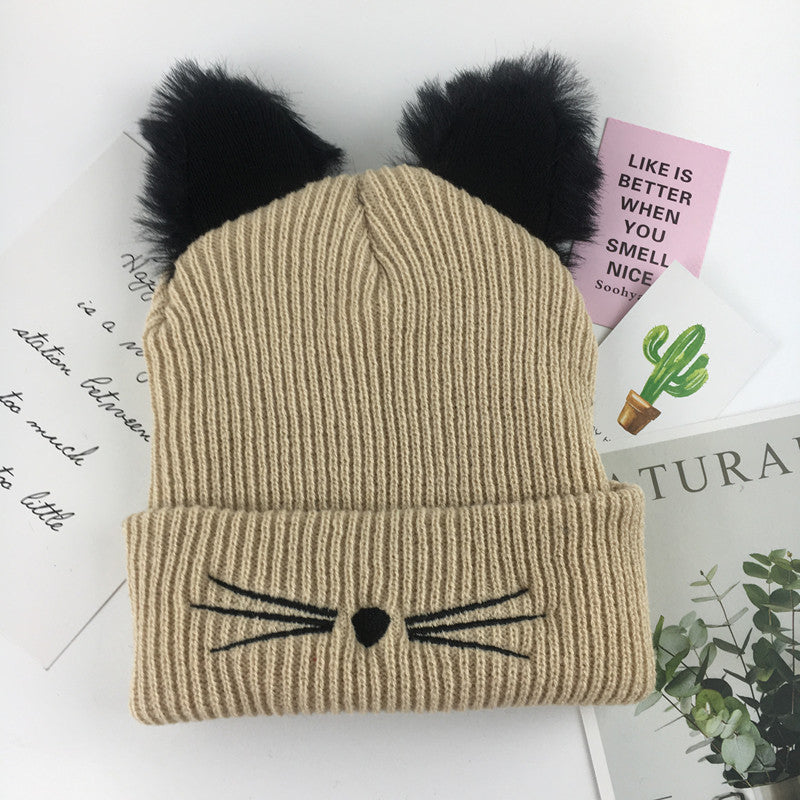 Wholesale Cute Cat Embroidery Furry Cat Ears Wool Hat